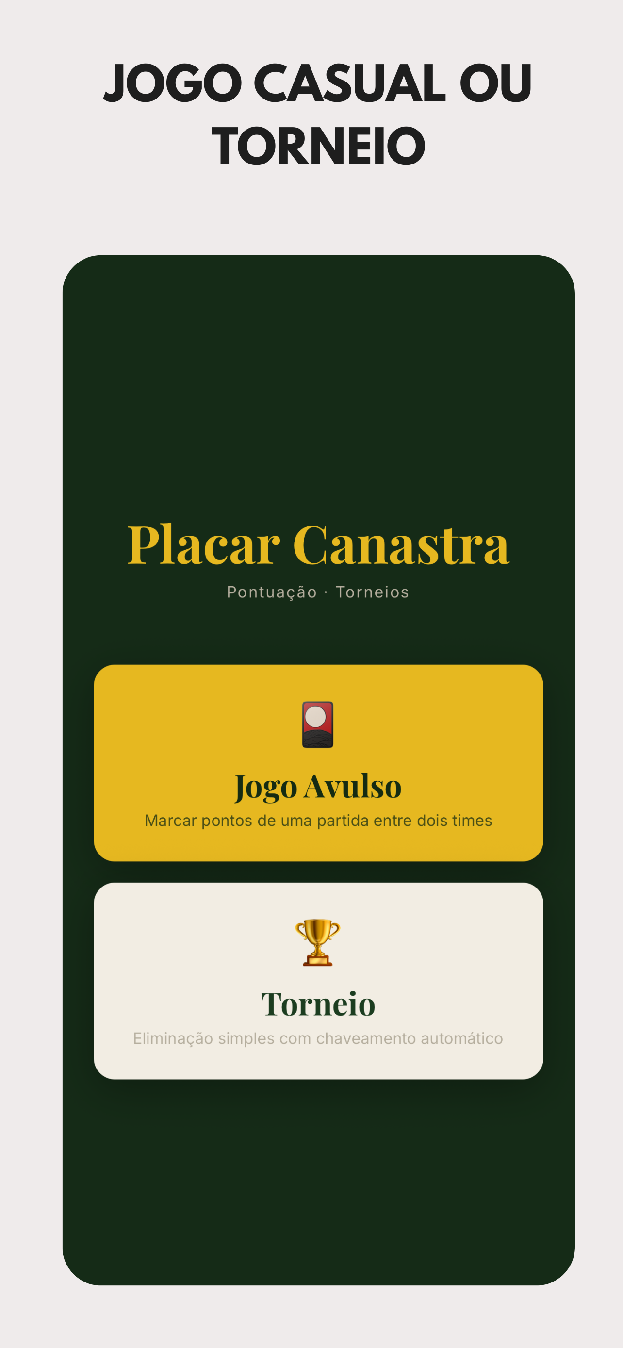Tela inicial com opcoes de jogo avulso e torneio