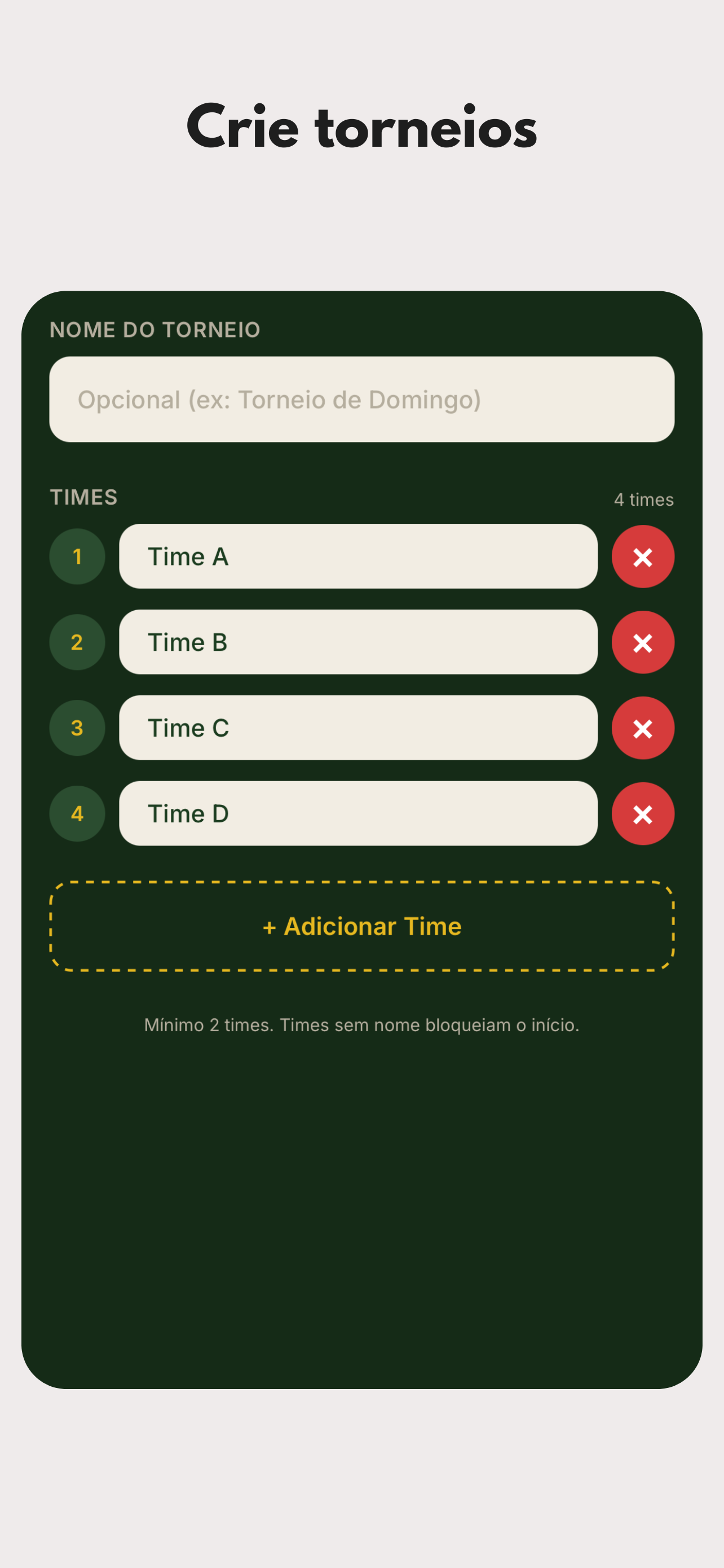 Configuracao de torneio com times